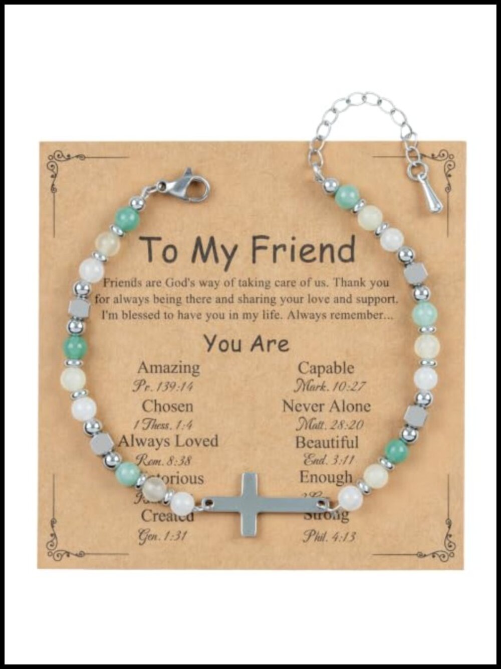 Faith Cross Link Bracelet Stainless Steel Natural Stone Beads BFF Gift